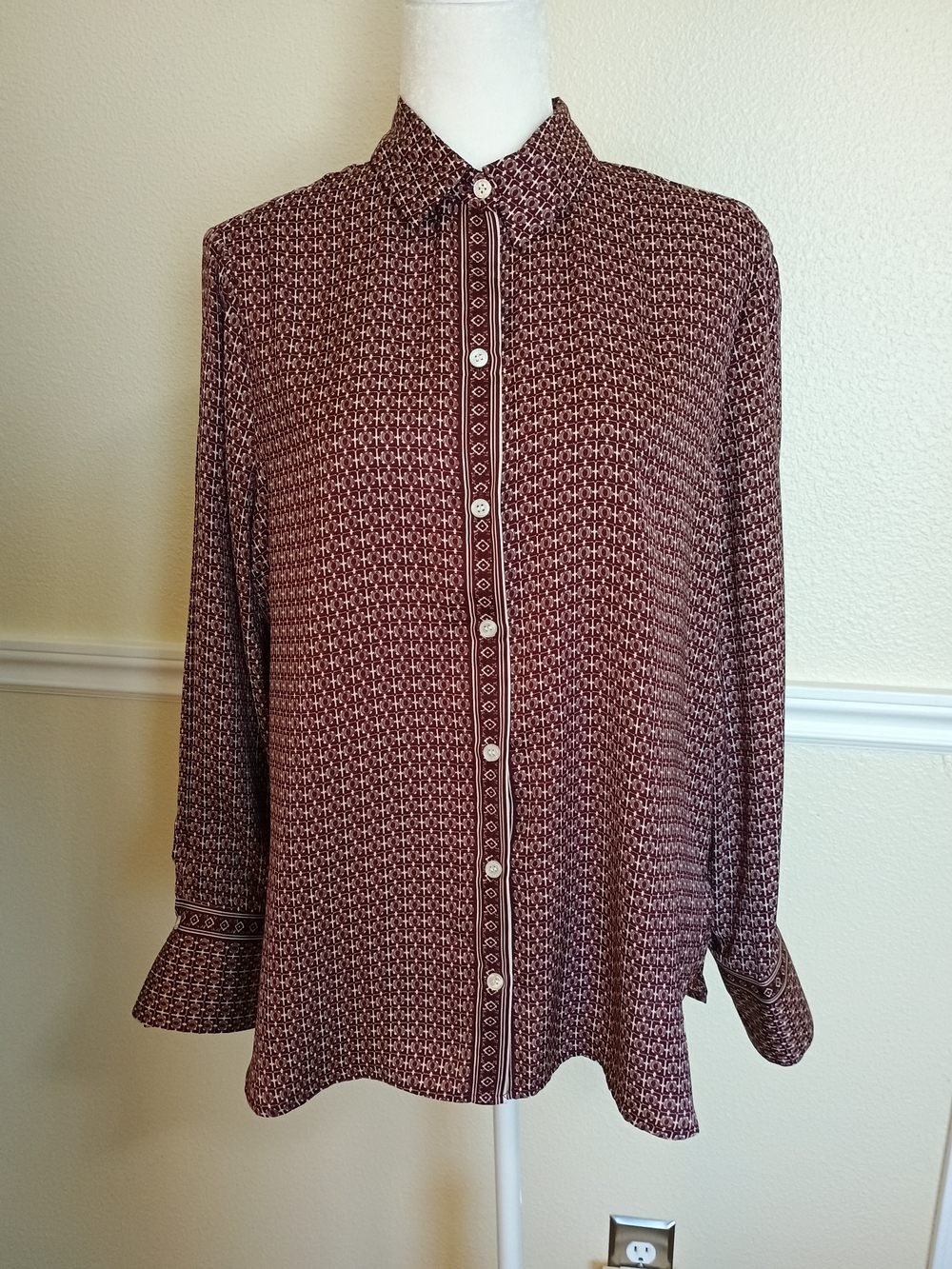 Max Studio Burgundy Geometric Button-Front Blouse